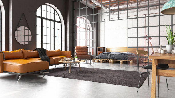 工业风格的阁楼卧室与客厅图片下载