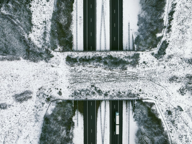 野生动物立交桥在高速公路上穿过雪林景观从上面看图片下载