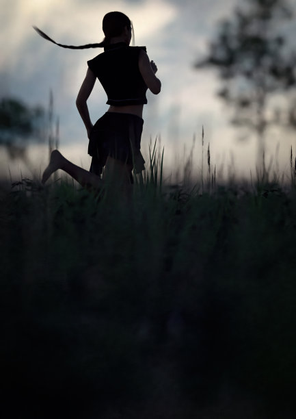 一个扎着马尾辫、穿着黑裙子和衬衫的女人光着脚跑过一片长着高高的草的田野，天空乌云密布。3 d渲染。图片下载