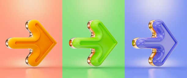 右箭头标志橙绿色和紫色的3d渲染概念图片下载