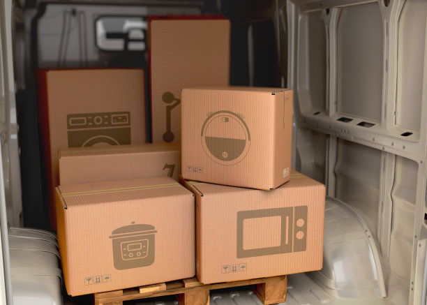 不同的电器箱设置在一辆小巴交付概念3d插图图片下载