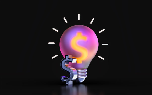 玻璃形态美元灯泡图标与彩色渐变灯在黑暗图片下载