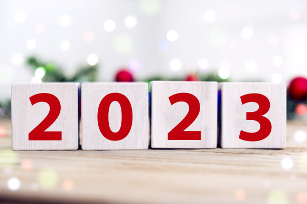 2023年新年快乐在木制立方体上，杉木树枝和模糊的散景灯为背景。寒假贺卡和圣诞贺卡。图片下载