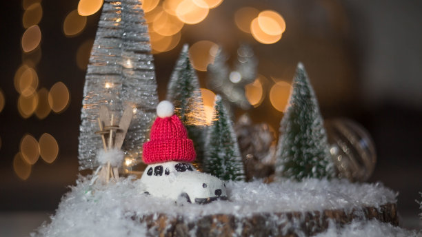 2023年新年快乐。美丽的背景，车顶上有一顶红帽子的汽车，圣诞树和装饰品。庆祝冬季圣诞假期。年初的概念。图片下载