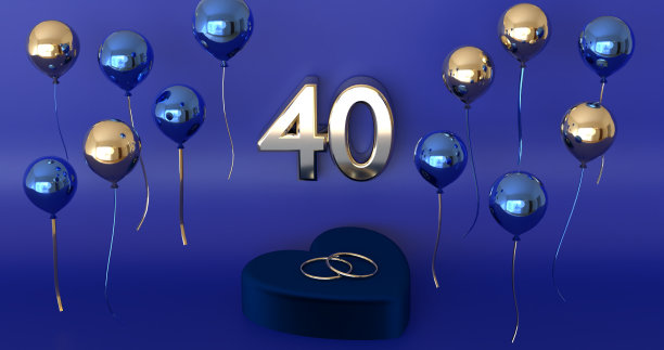 四十周年庆典现场有气球和五彩纸屑。三维演示图片下载