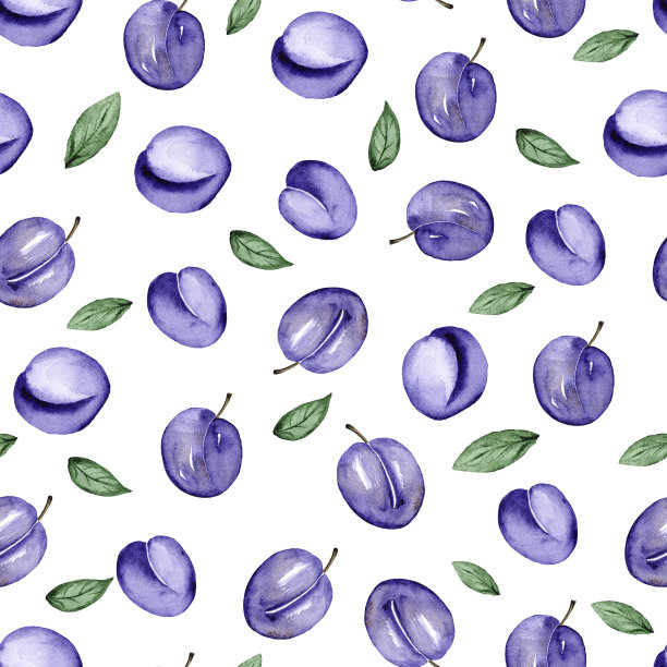 水彩图案的成熟李子孤立在白色的背景，无缝的图案的多汁李子绿叶，健康的饮食理念图片下载