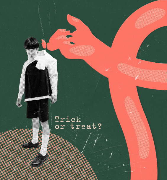 当代艺术拼贴。怪物的手牵着小男孩。不给糖就捣蛋的游戏图片下载