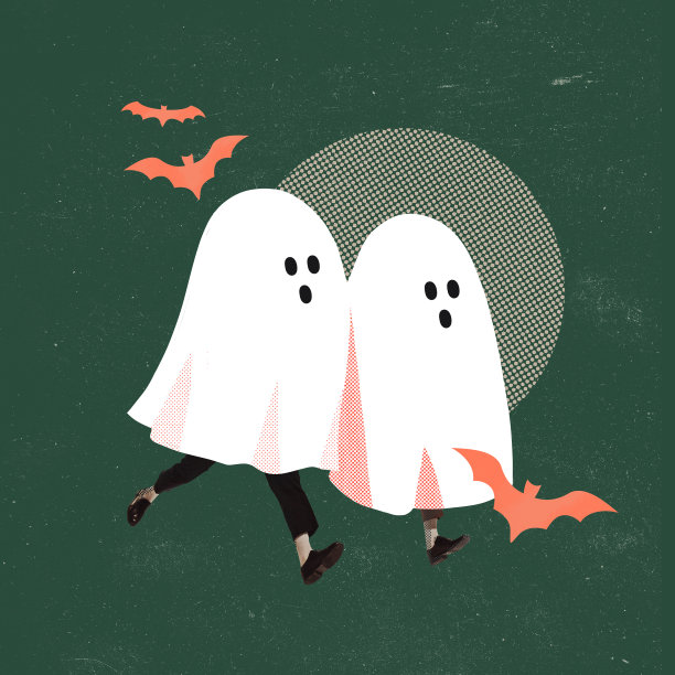 当代艺术拼贴。可爱的图片，人类腿上的幽灵在绿色背景上奔跑。橙色的蝙蝠图片下载