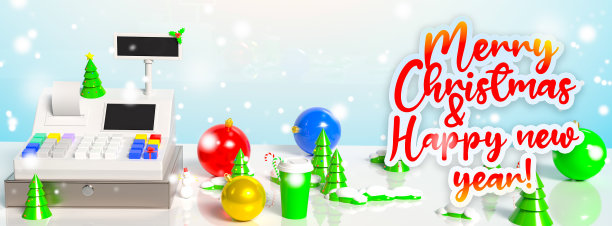 背景与收银机周围的圣诞树和装饰的铭文圣诞快乐和新年快乐。商店和零售店的节日主题横幅图片下载
