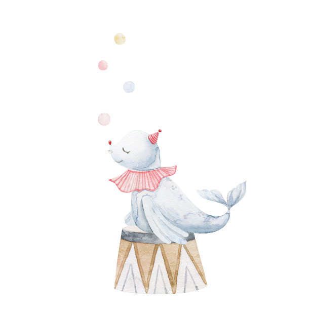 可爱幼稚的水彩插画与有趣的人物，婴儿动物在马戏团。儿童设计，艺术，装饰。手绘插图。动物们在自行车上表演杂耍图片下载