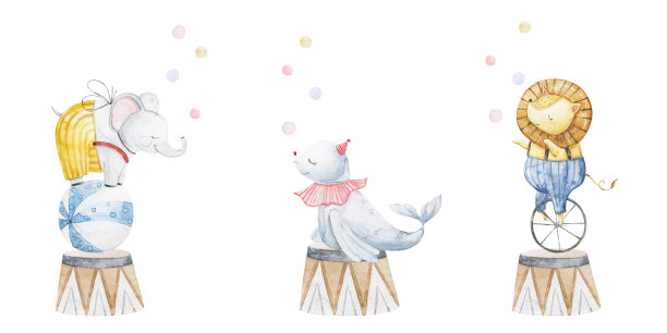 可爱幼稚的水彩插画与有趣的人物，婴儿动物在马戏团。儿童设计，艺术，装饰。手绘插图。动物们在自行车上表演杂耍图片下载