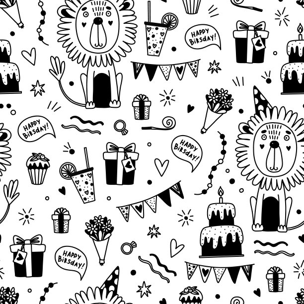 无缝无尽的图案与生日庆祝属性和涂鸦风格的狮子图片下载