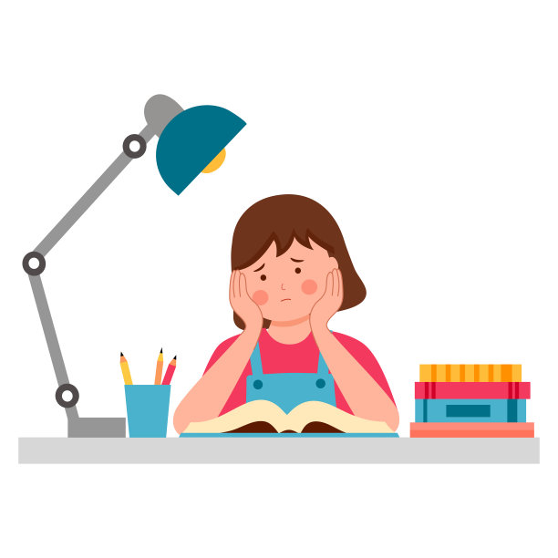 女学生阅读无聊或懒惰做作业在白色背景的平面设计。一脸无聊的书。图片下载