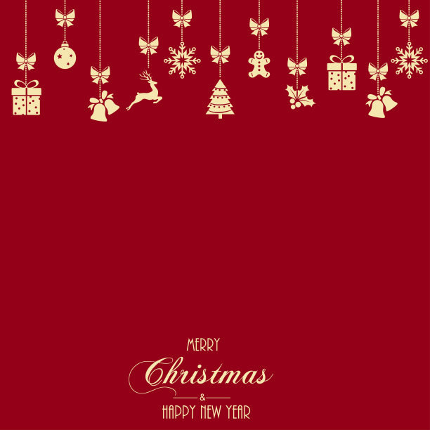 新年快乐，圣诞快乐横幅挂着红色的圣诞装饰品。向量图片下载
