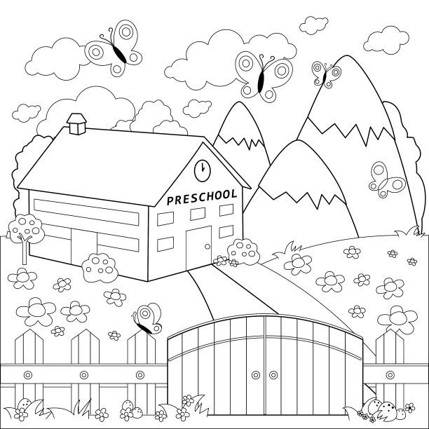 幼儿园建筑和木栅栏。矢量黑白着色页。图片下载