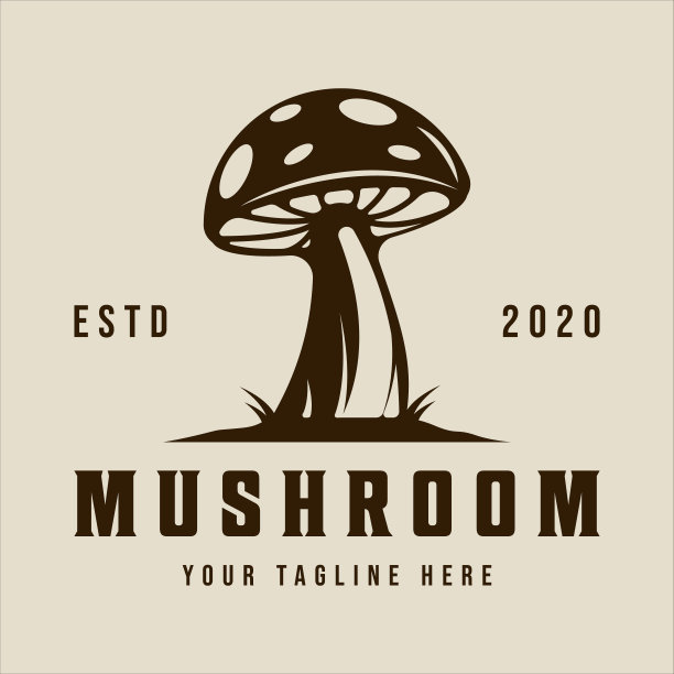 蘑菇标志矢量复古插图模板图标图形设计。具有复古风格的有机食品标志或标志图片下载