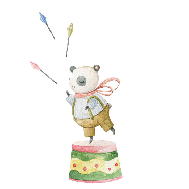 可爱幼稚的水彩插画与有趣的人物，婴儿动物在马戏团。儿童设计，艺术，装饰。手绘插图。动物们在自行车上表演杂耍图片下载