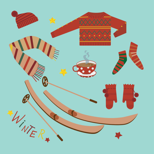 一套颜色鲜艳的保暖衣服，滑雪板和一大杯热饮图片下载