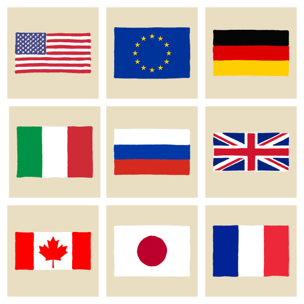 手绘八国集团国家旗帜矢量集孤立图片下载