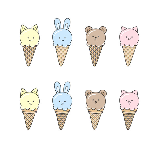 一套卡哇伊冰淇淋筒人物可爱的动物形式，孤立在白色背景上图片下载