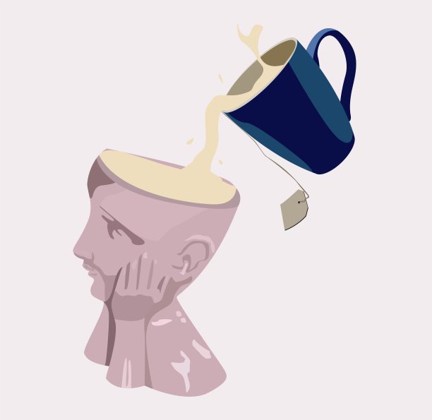 茶杯倒茶在女性的头部孤立的光背景图片下载