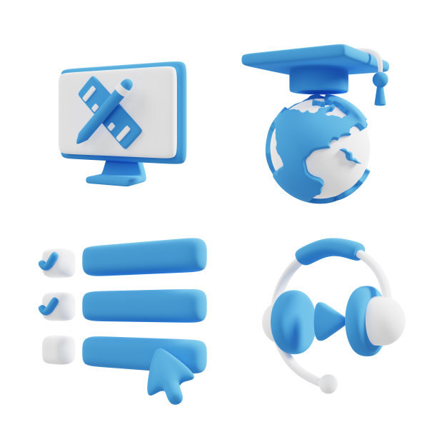 与在线学习和教育相关的3D图标。包括媒体设备和在线教育等符号。3 d渲染。3 d演示。图片下载