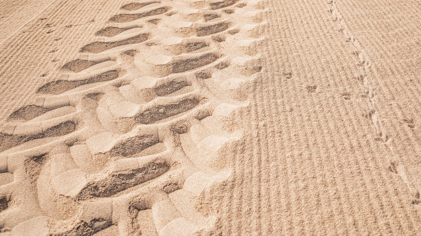 沙滩上的车轮胎面印记图片下载