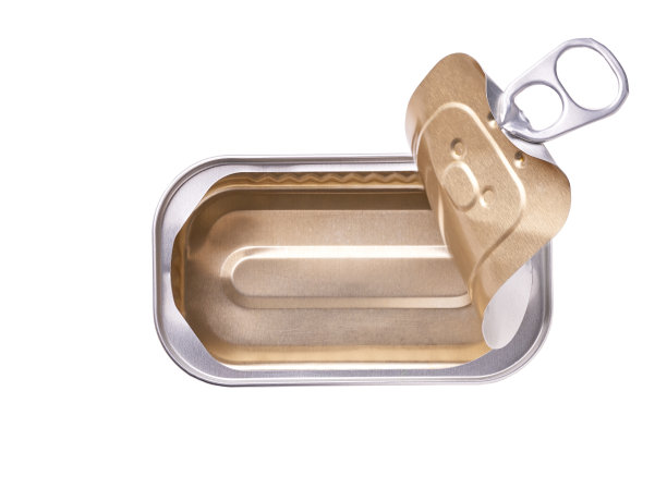 空打开的钢罐与盖子隔离在白色背景，俯视图。图片下载
