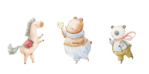 可爱幼稚的水彩插画与有趣的人物，婴儿动物在马戏团。儿童设计，艺术，装饰。手绘插图。动物们在自行车上表演杂耍图片下载
