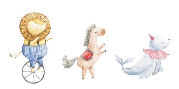 可爱幼稚的水彩插画与有趣的人物，婴儿动物在马戏团。儿童设计，艺术，装饰。手绘插图。动物们在自行车上表演杂耍图片下载