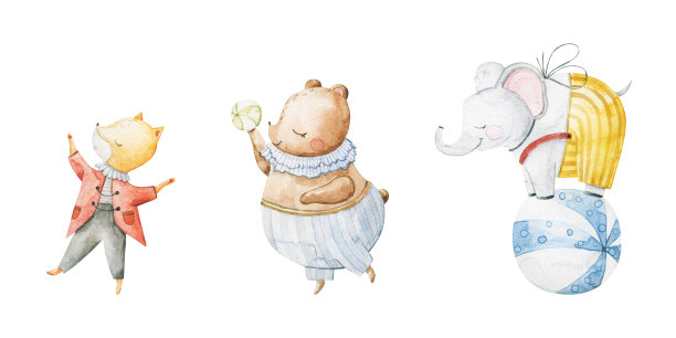 可爱幼稚的水彩插画与有趣的人物，婴儿动物在马戏团。儿童设计，艺术，装饰。手绘插图。动物们在自行车上表演杂耍图片下载