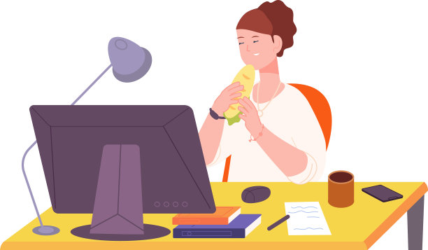 在电脑桌前吃午餐的女士图片下载