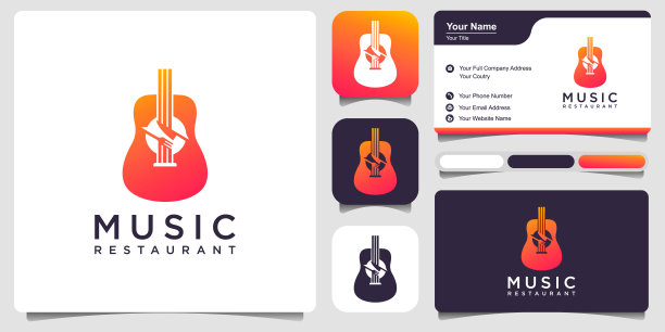 餐厅食品与经典音乐歌曲标志与组合吉他，叉子，和刀的标志设计图片下载