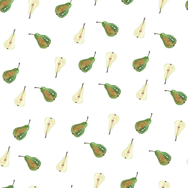 水彩图案的成熟梨孤立在白色的背景，无缝的图案多汁的绿色全梨和半梨，健康的饮食理念图片下载