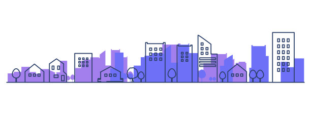 一个简单的城市景观剪影的紫色和蓝色的插图材料图片下载