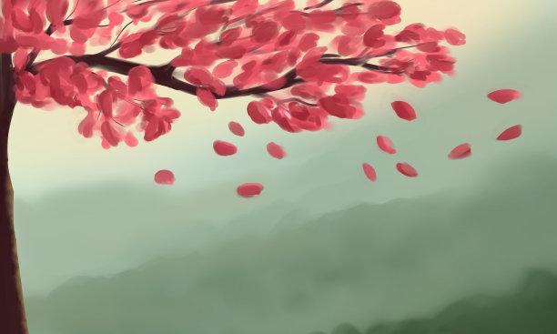 清晨的樱桃叶映衬在青山的背景下图片下载