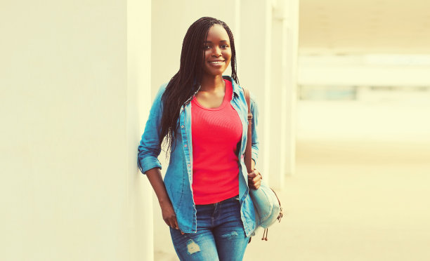 画像快乐微笑年轻的非洲女学生与背包休闲在城市图片下载