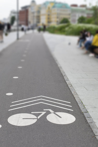 城市公园里的自行车道，以秋天的城市和人们为背景，人行道上用白色油漆画的自行车标志的垂直照片图片下载