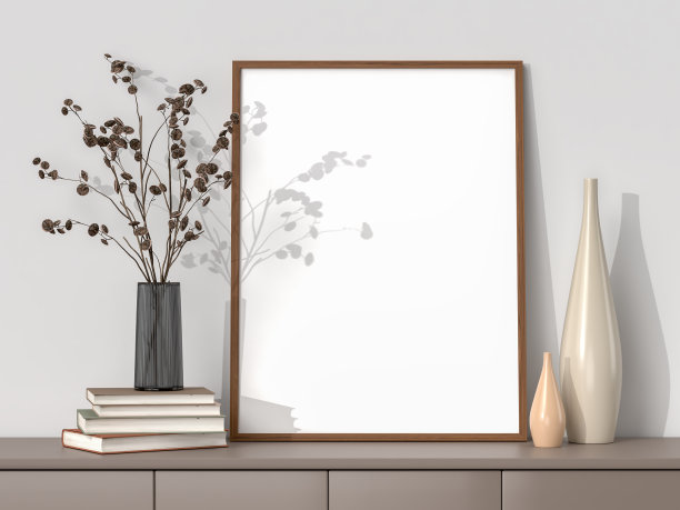 空白相框的照片，艺术，图形与叶子。将海报模型模板裱在室内的墙上。三维渲染图片下载