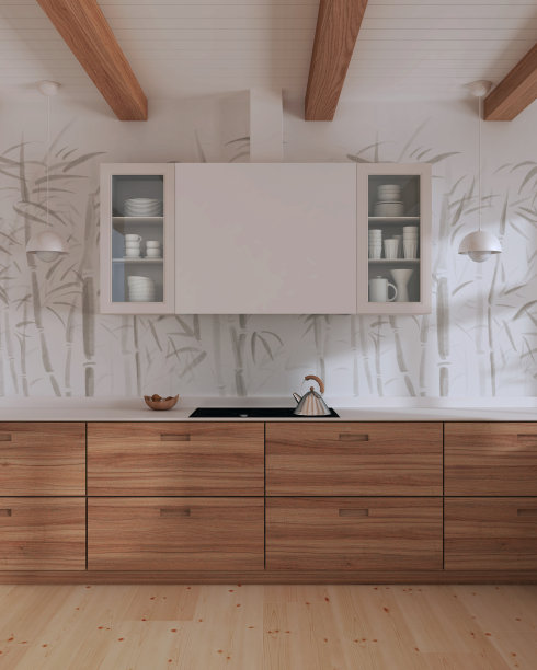 白色调的极简木质厨房。特写，正面。拼花地板，横梁天花板和竹墙纸。Japandi室内设计图片下载