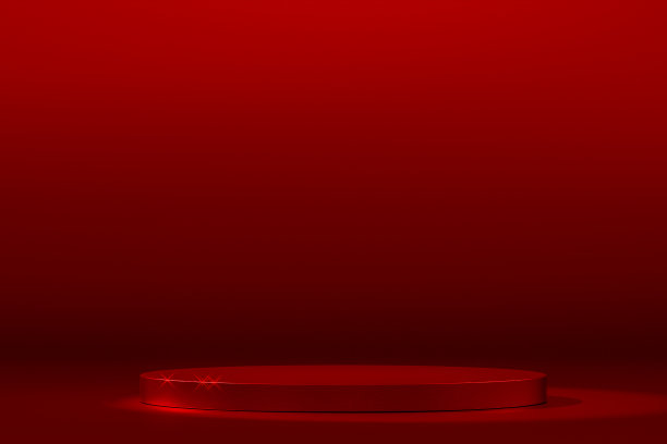 展示产品的红色平台。空讲台或台座显示在红色背景与立场的概念。空白产品货架站立背景。适合任何产品的完美阶段图片下载