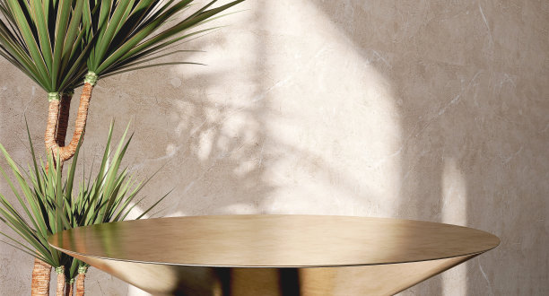 圆形金钢底座台台与热带棕榈树树叶米色花岗岩墙背景图片下载