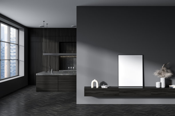 正面的黑暗厨房房间内部与空海报图片下载