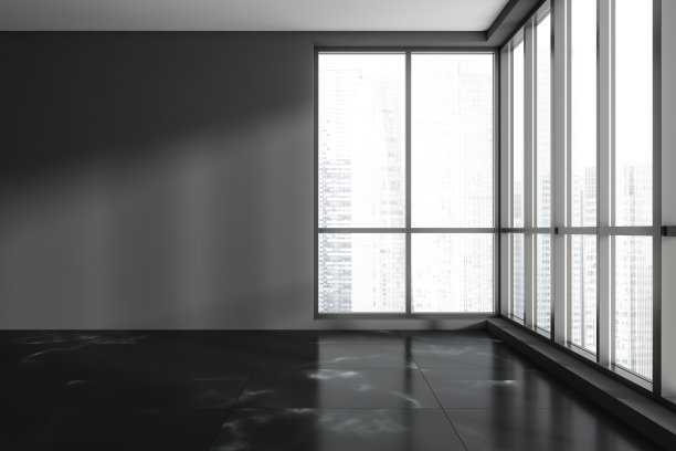 灰色的空办公室，有全景窗和瓷砖地板。模型图片下载