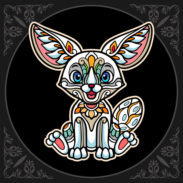 彩色耳廓狐曼荼罗艺术孤立在黑色背景图片下载