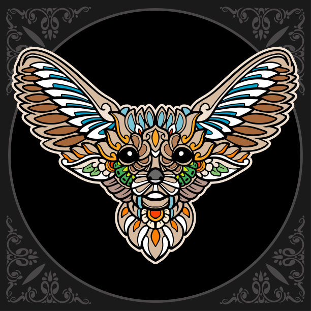 彩色耳廓狐曼荼罗艺术孤立在黑色背景图片下载