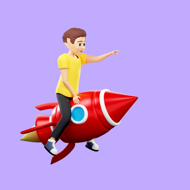 栅格插图的人坐在火箭上。一个穿黄色t恤的年轻人飞上了宇宙飞船，太空，宇航员，天文学。用于商业和广告的3d渲染艺术品图片下载