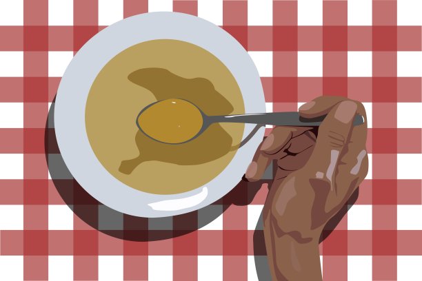 奶油汤从上看与手持勺子在红色格纹桌布和白色碗图片下载