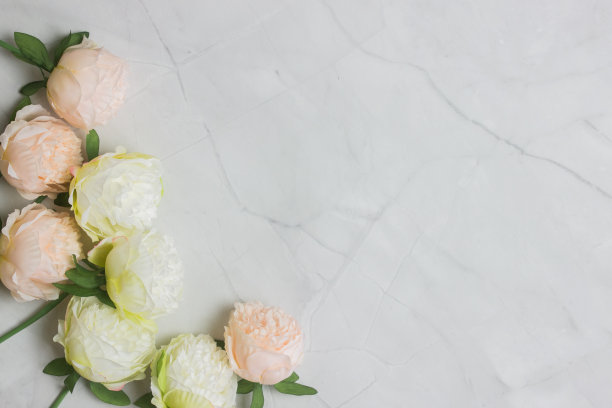 白色和粉红色的玫瑰在黑色大理石背景与复制空间。图片下载
