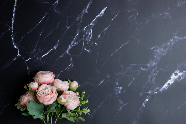 粉色玫瑰在黑色大理石背景与复制空间。图片下载
